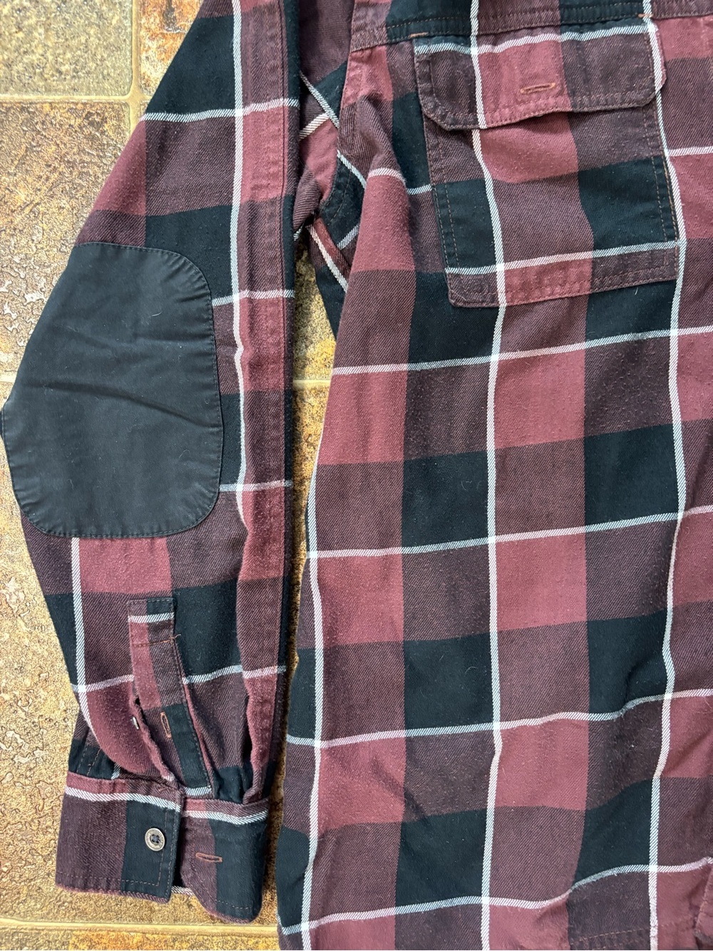 Wrangler Maroon and Black Plaid Button-Down Shirt with Elbow Patches - Picture 3 of 7